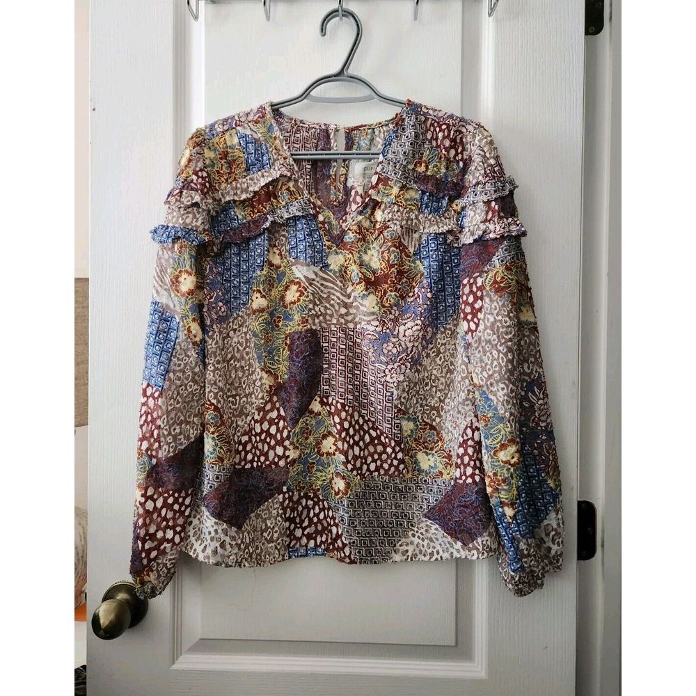 Cupio Women's Bohemian Semi Sheer Blouse V-Neck  Long Sleeve ‎ Size S